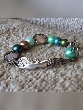 Unique Sterling Silver Mermaid Bracelet Beaded Stretch - NWOT